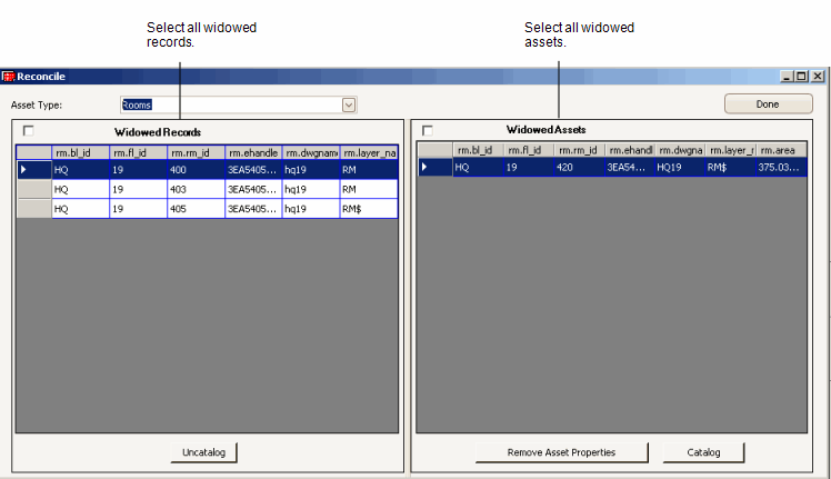 Reconcile dialog showing widowed assets and widowed records