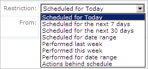 screen shot showing the restrictins available for Actions Scheduled and Done report